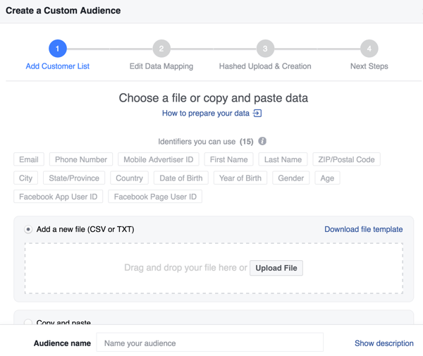 Når du oppretter en tilpasset Facebook-målgruppe fra e-postlisten din, kan du forbedre kampfrekvensen din med flere identifikatorer.