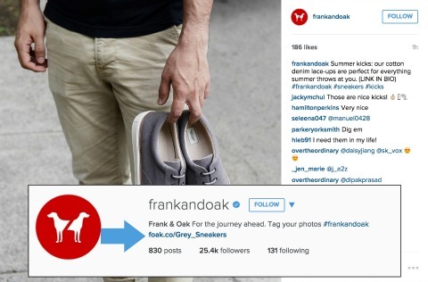 Frank og Oak eksempel på å legge til lenker til Instagram-biografien din