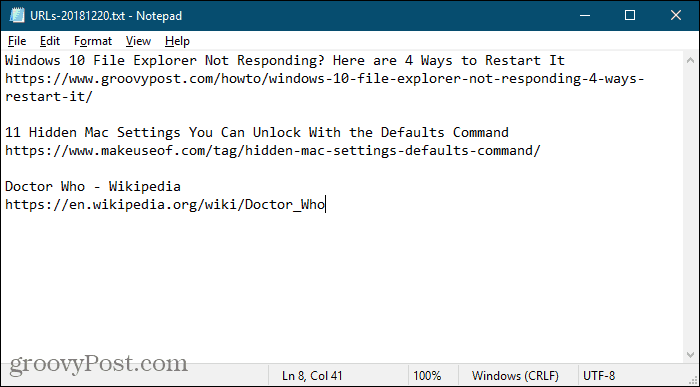 Tab-nettadresser fra TabCopy-utvidelsen lagret i Notisblokk