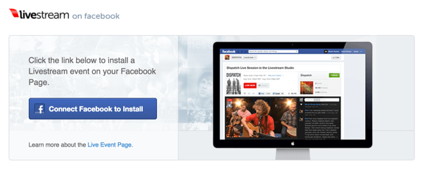 Klikk på Koble til Facebook for å installere-knappen for å installere Livestream på Facebook-siden din.