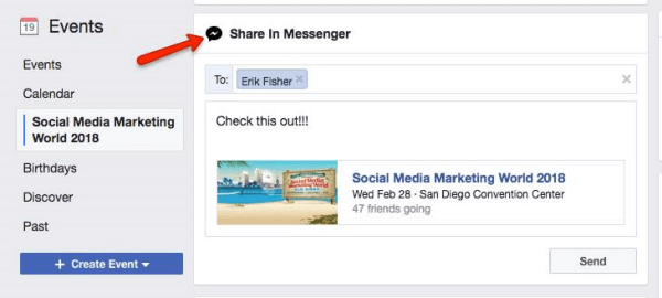Facebook ber brukerne om å dele en hendelse oppdaget i Facebook med andre Messenger-brukere.