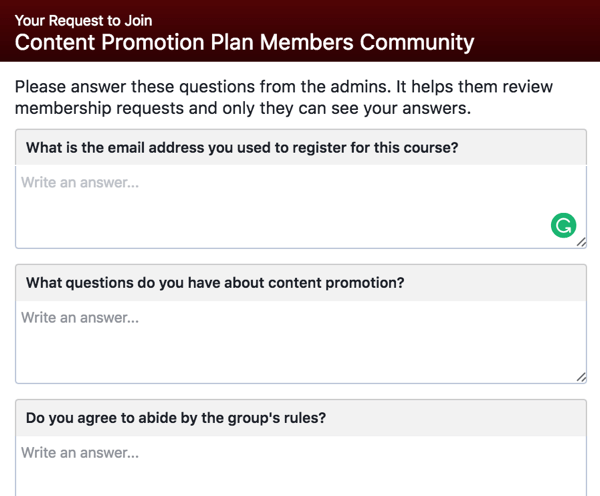 Be potensielle Facebook-gruppemedlemmer om å svare på kvalifiserende spørsmål.