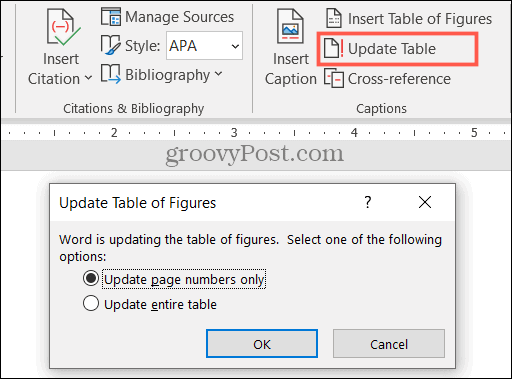 Oppdater en tabell med figurer i Word