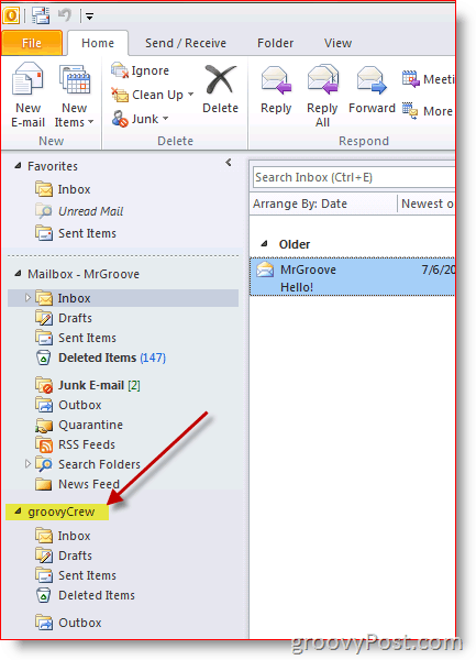 Outlook 2010-skjermbilde hvordan du legger til ekstra postkasse