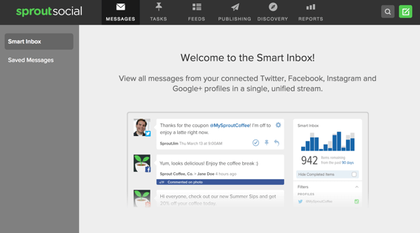 Sprout Social tilbyr en smart innboks som lar deg se meldinger fra flere sosiale profiler på ett sted.