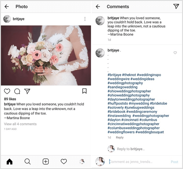 eksempel på Instagram-innlegg med en kombinasjon av innhold, bransje, nisje og merke-hashtags