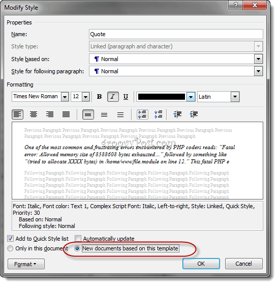 Tastatursnarveier for tilpasset stil Word 2010