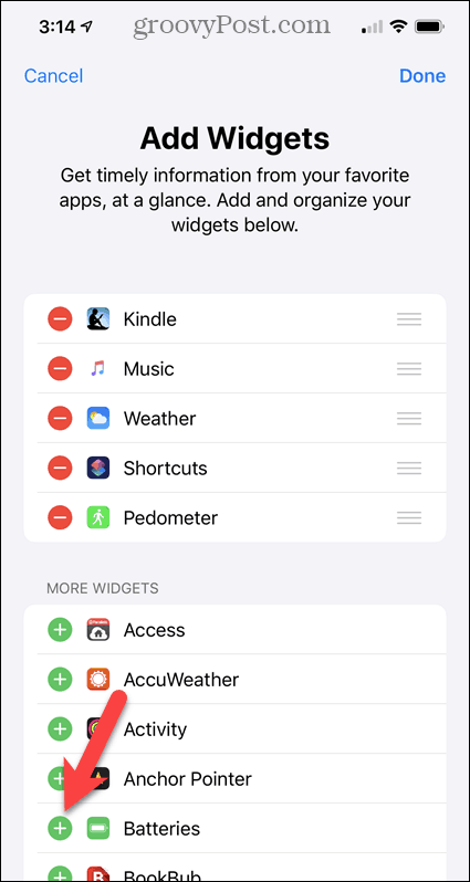 Legg til batterier-widgeten på iPhone Widgets-skjermen