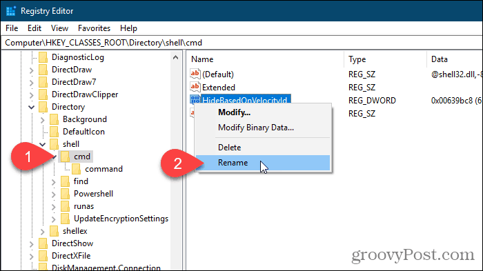 Velg Gi nytt navn til verdien HideBasedOnVelocityId i Windows Register Editor