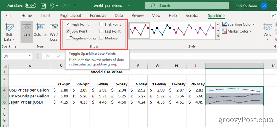 Vis alternativer for Sparklines i Excel
