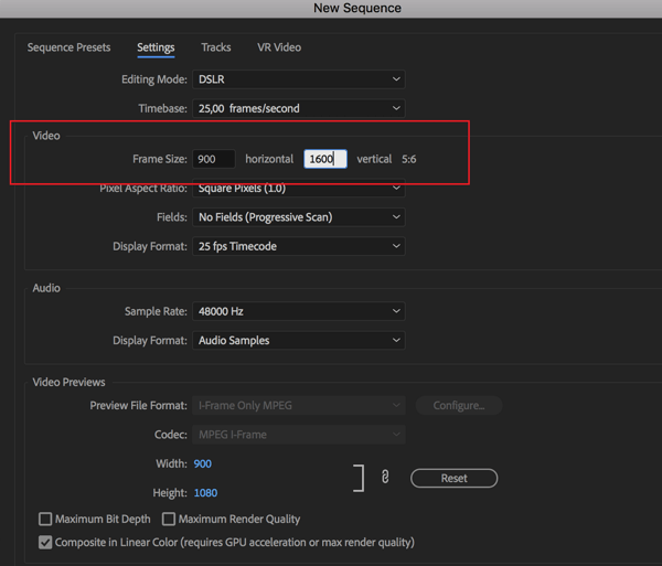 Mulighet for å stille inn bildefrekvens for sekvensen din i Adobe Premier Pro.