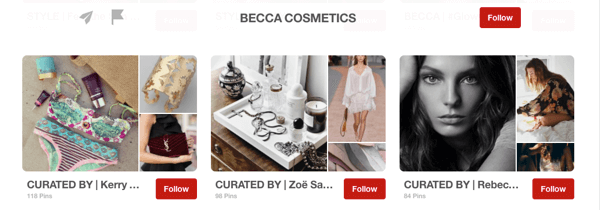 Eksempel på gjestebrett på Pinterest kuratert av influencers for Becca Cosmetics.