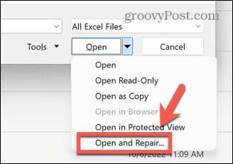 Excel åpne og reparere dokument