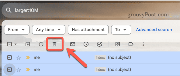 Sletting av Gmail-e-poster fra søkeresultater