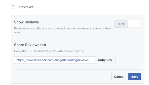 Aktiver Facebook-anmeldelser ved å velge På ved siden av Vis anmeldelser.