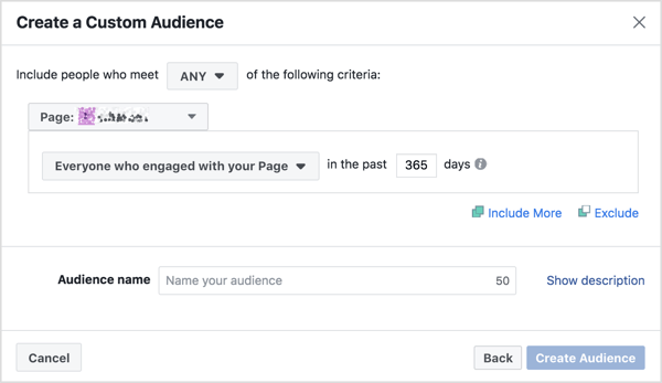 Fyll ut kriteriene for et tilpasset publikum for Facebook-engasjement.