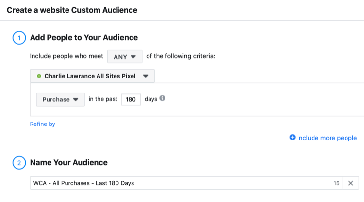 sette opp Facebook-tilpasset publikum for besøkende som har kjøpt de siste 180 dagene