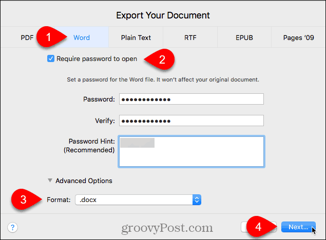 Eksporter dialogboksen Dokument i Pages for Mac
