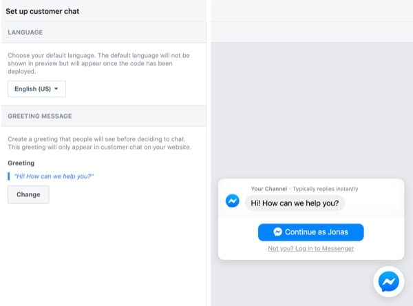 Sett opp Facebook Customer Chat, trinn 2.