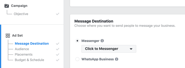 Facebook Click to Messenger-annonser, trinn 1.