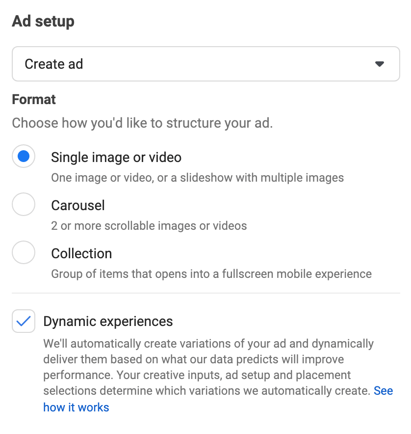 how-to-create-facebook-ads-customers-engage-with-create-dynamic-experiences-check-dynamic-experiences-box-upload-image-or-video-write-primary-text-headline-description-example- 1. 3