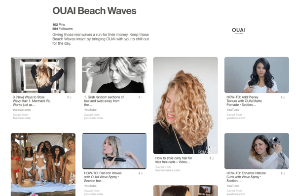 Eksempel på opplæringstavle på Pinterest som viser OUAI-produkter.