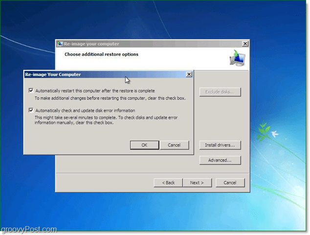 bruk de avanserte alternativene for å tilpasse Windows 7 systembilde gjenoppretting