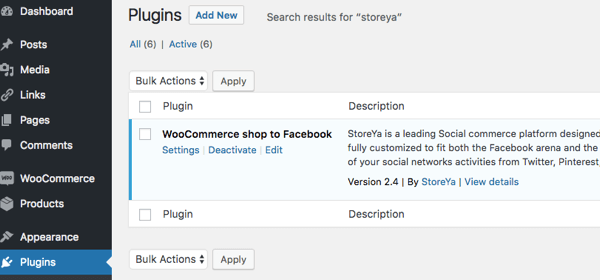 Du vet at pluginet er aktivert når WooCommerce Shop to Facebook vises under Installed Plugins.
