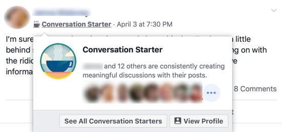 Hvordan forbedre ditt Facebook-gruppesamfunn, eksempel på Facebook-gruppemerket 'Conversation Starter' ved siden av gruppemedlemmets navn og popup-vinduet som identifiserer andre gruppemedlemmer som deler det merket