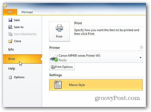 Outlook 2010: Skriv bare ut en side av en melding
