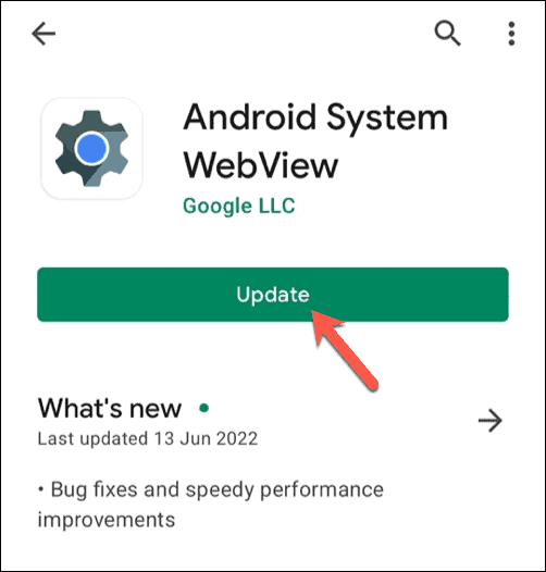 Oppdaterer Android System WebView i Google Play Store