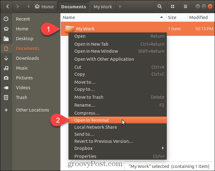 Velg Åpne i terminal i Ubuntu Linux