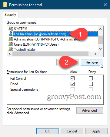 Fjern en bruker i dialogboksen Tillatelser i Windows-registeret