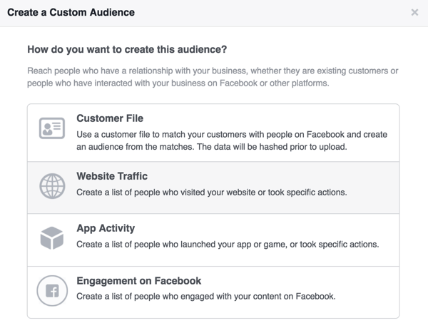 Velg Nettstrafikk for å sette opp et Facebook-tilpasset publikum for besøkende på nettstedet.