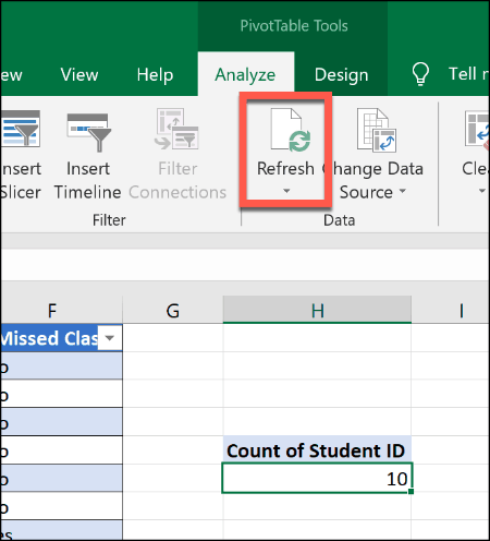 Forfriskende et pivottabell i Excel