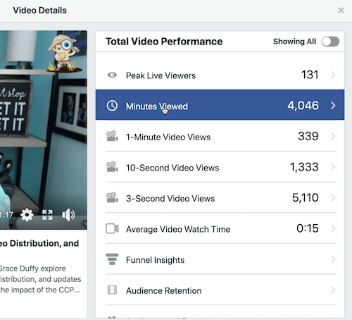 facebook-grafeksempel på publikumsretensjon under den totale videoytelseseksjonen