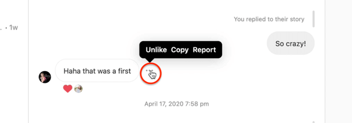 Direktemeldinger ikon med tre prikker for mottatt melding med menyalternativer som viser alternativer for ulik, kopi og rapport