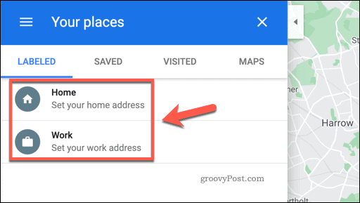 Google Maps Dine steder-meny