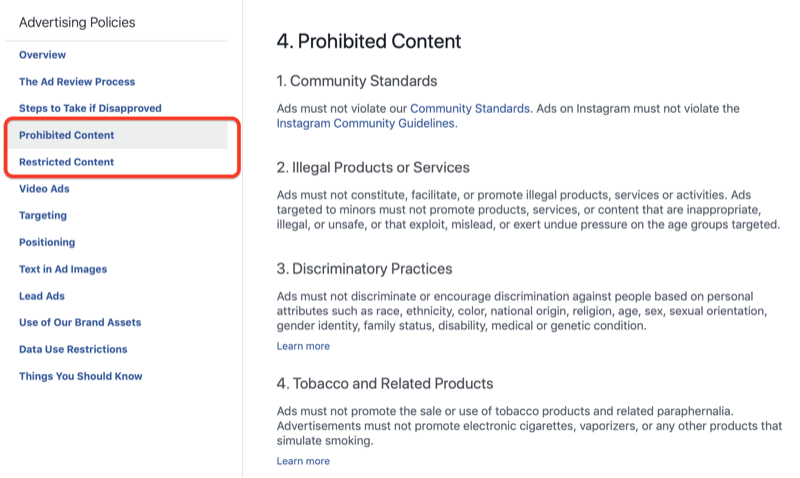 Forbudt innhold-delen av Facebook-annonseringspolitikk