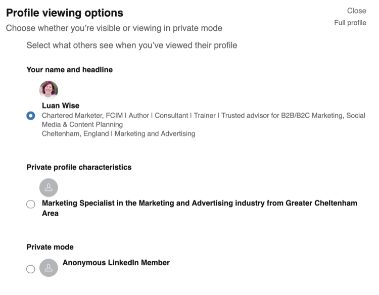 Alternativer for profilvisning i personverninnstillinger for LinkedIn