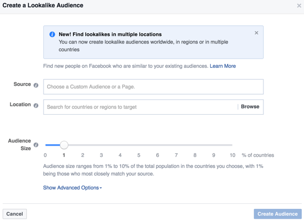 Facebook Ads Manager lar deg lage et like publikum som ligner på et publikum som allerede har samhandlet med virksomheten din.