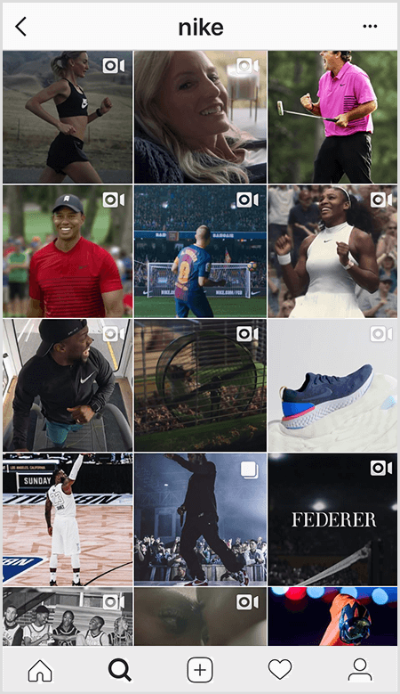 Nike Instagram-innlegg har et rutenett av idrettsutøvere som bruker Nike-utstyr, men få bilder i feeden har tekst.