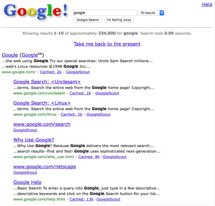 Friday Fun: Gå tilbake til Web 1.0 av Googling "Google in 1998"