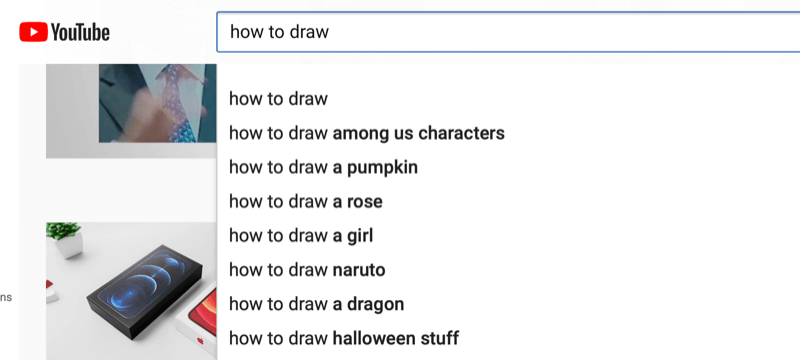 eksempel på søkeordforskning på youtube for uttrykket 'hvordan tegne'