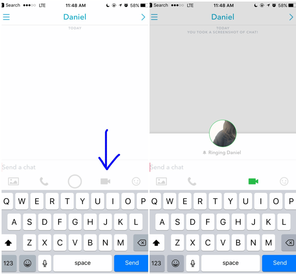 For å ringe en Snapchat-videosamtale, trykk på videoikonet i den åpne samtalen din med en kunde.