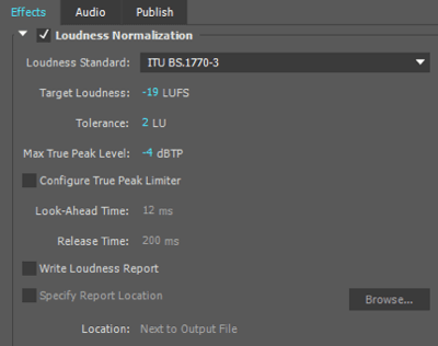 Jeg bruker disse normaliseringsinnstillingene for lydstyrke når jeg eksporterer lydfilen min til Adobe Premiere.