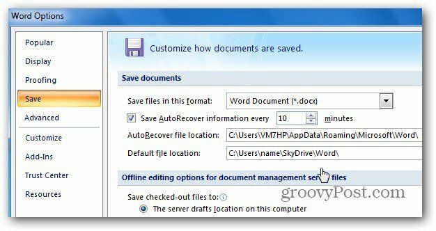 Office 2007 SkyDrive Lagre beliggenhet