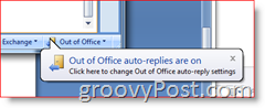 Nederste høyre hjørne av Outlook 2007 - Påminnelse om automatisk svar aktivert fra kontoret