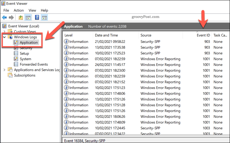 En liste over Windows-applikasjonslogger i Event Viewer
