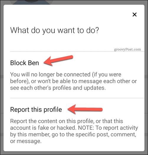 Velge å blokkere eller rapportere en bruker i LinkedIn